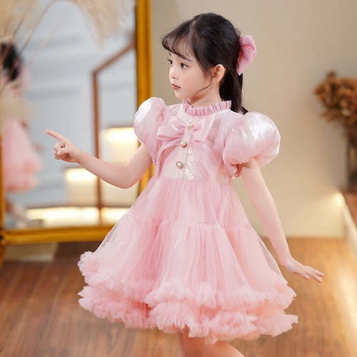 Girls dress skirt puff sleeve short princess dress mesh flower girl dress piano performance small host dress