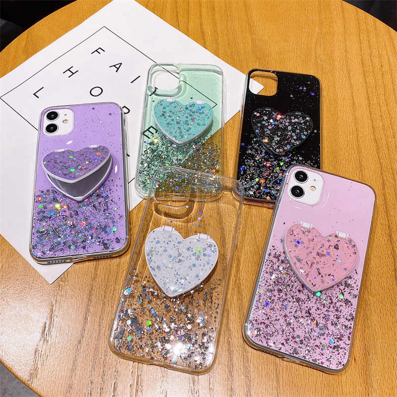 Love mirror bracket soft case 13.11-16ProMax star glitter glue drop phone case S24Ultra