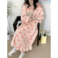 2025 韩国ins秋冬毛绒花朵睡裙女家居服长袖双面绒圆领长裙