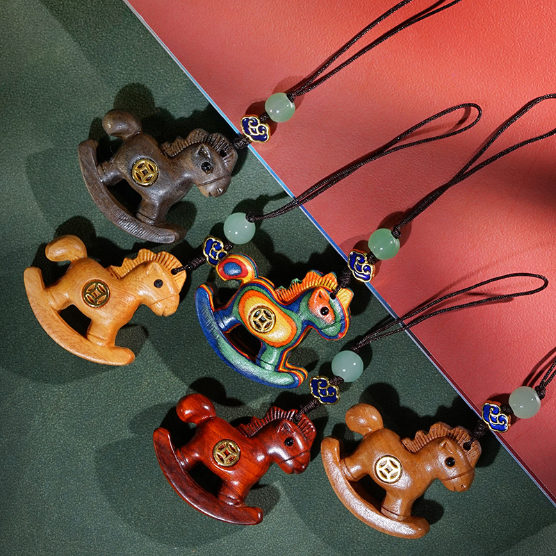 Wood Carving Rocking Horse Pendant, Handmade Wooden Horse with Copper Coins, Zodiac Horse Pendant, Wooden Bag Accessory