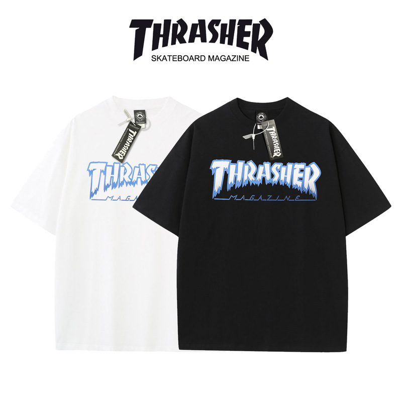 Summer Thrasher Flame Round Neck Short-Sleeved Trendy Brand T-Shirt for Men and Women, Casual Loose Half-Sleeved Top