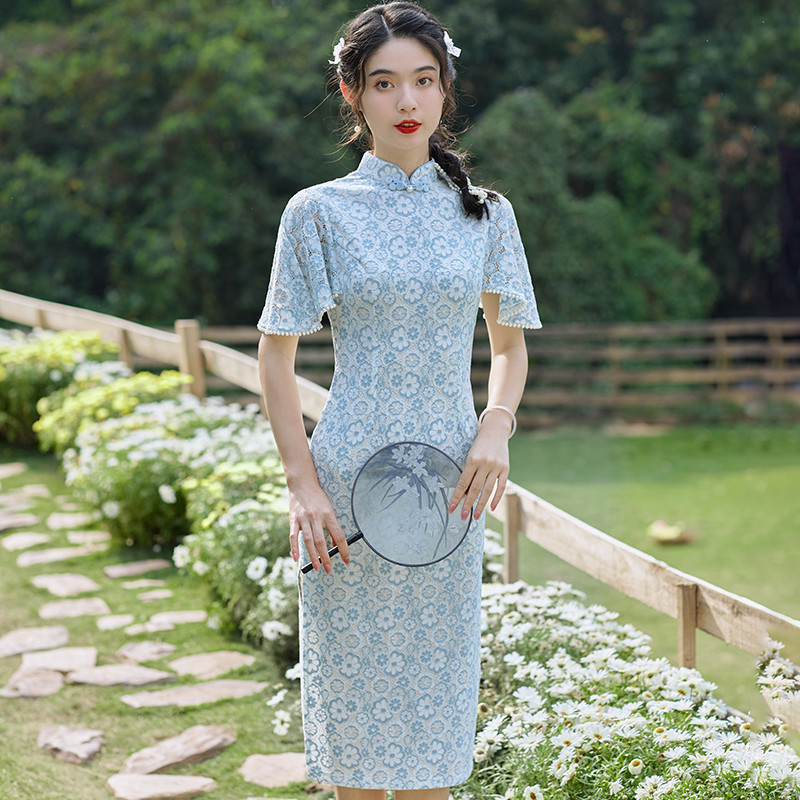lace chinese dress Chinese Style Embroidery Dress Blue Lace Dress Cheongsam Qipao Women