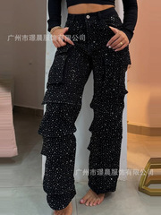 亚马逊跨境2025夏季欧美外贸新款女装时尚休闲.腰长裤牛仔阔腿裤