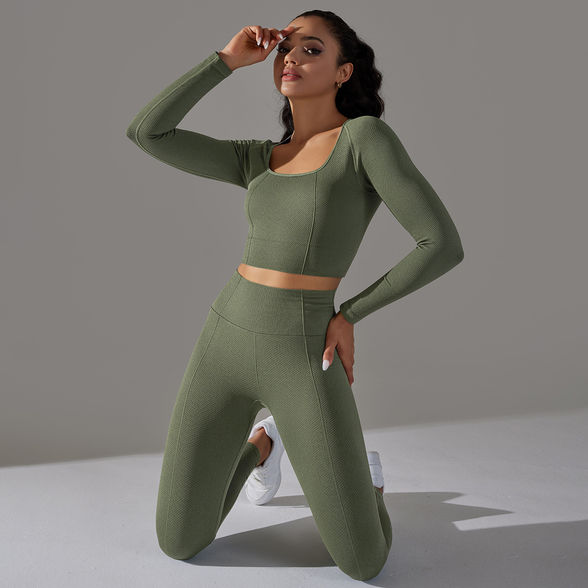 Women's Jacquard Yoga Dress Long Sleeve Suit High Waist Hip Tights Fitness Sportswear_voghion.com