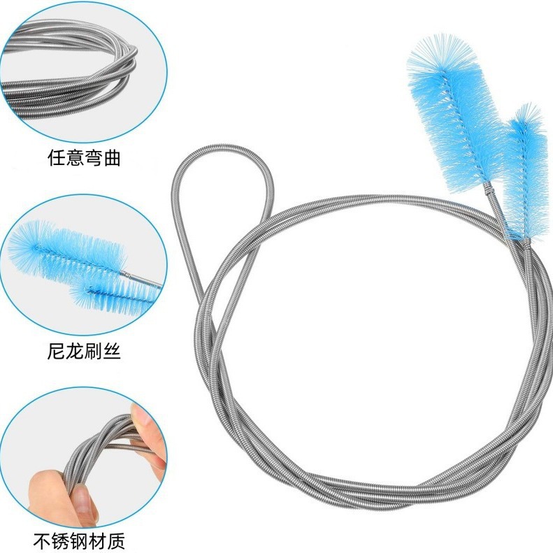 En stock cepillo de tubería de tanque de peces cepillo de resorte de acero inoxidable de doble cabeza entrada y salida de acuario cepillo de limpieza cepillo de paja