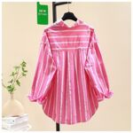 春季纯棉中长款减龄条纹印花开衫时尚百搭简约慵懒气质小众衬衣女