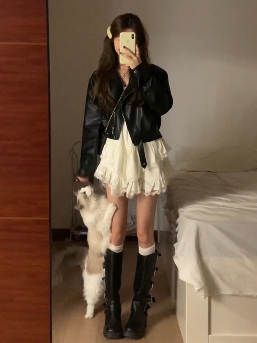 Early Autumn Petite PU Leather Jacket Biker Jacket Women's Irregular Lace Stitching Suspender Dress suit