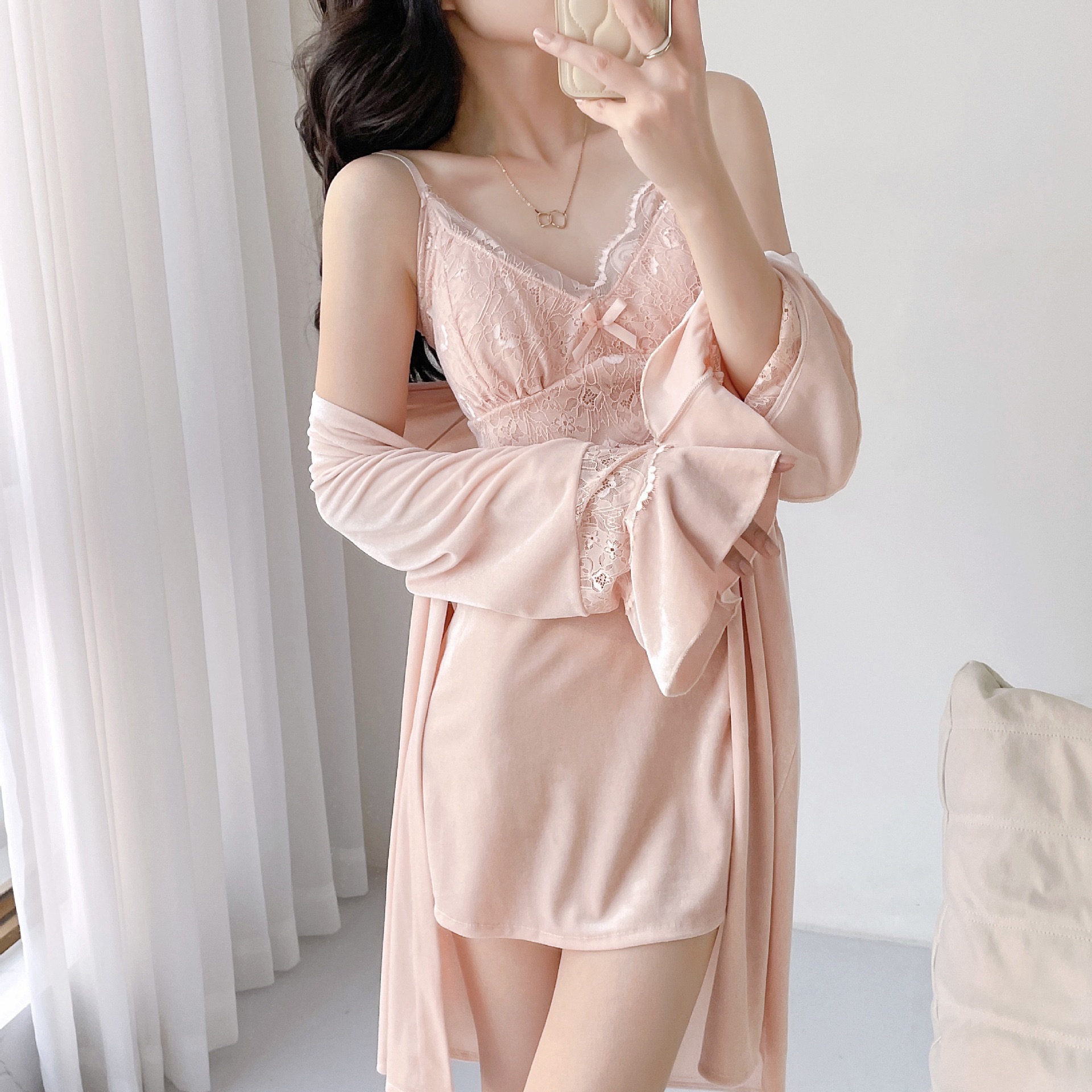 2023 Sexy Women's Spring Silk Velvet Pajama Set with Bralette Tank Top Sleep Dress Robe