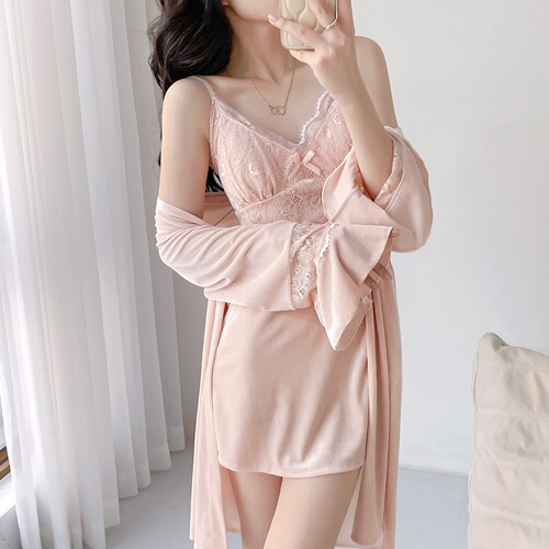  Sexy Women's Spring Silk Velvet Pajama Set with Bralette Tank Top Sleep Dress Robe