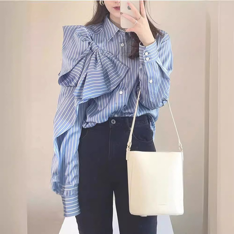 Boyfriend Style Navy Striped Shirt for Women, Spring 2026 New Blue Striped Shirt with a Stylish Bow Design Boyfriend Style Navy Striped Shirt for Women, Spring 2026 New Blue Striped Shirt with a Stylish Bow Design