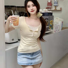纯棉假两件碎花蕾丝边短袖t恤女夏季新款设计感修身纯欲辣辣上衣