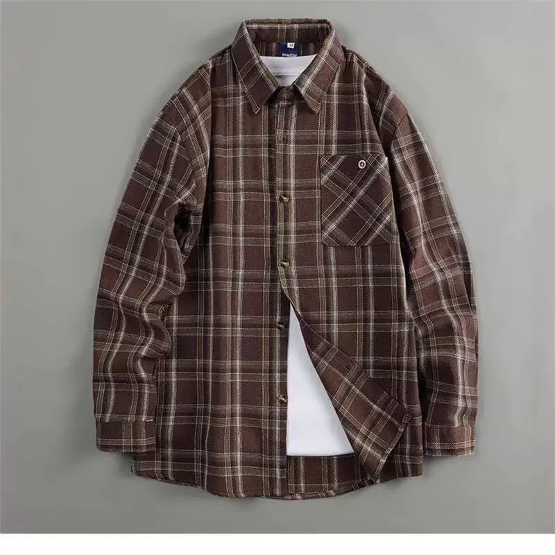 Ранняя осенняя клетчатая рубашка в стиле ретро в гонконгском стиле, модная свободная рубашка унисекс, элитная художественная универсальная повседневная рубашка с длинными рукавами
