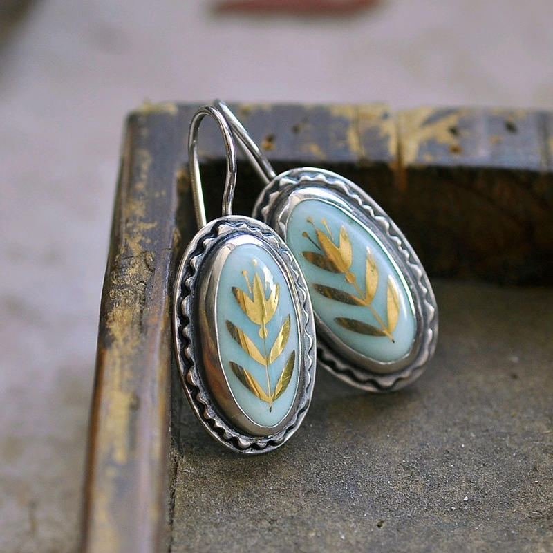 Niche Creative Blue Enamel Gold Flower Earrings Elegant Elegant Geometric Oval Ear Hook Earrings for Women