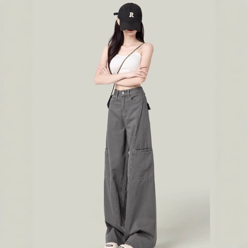 Cement Gray American-Style Wide-Leg Cargo Pants for Women 2026 New Petite Straight-Leg Jeans Slimming Casual Straight-Leg