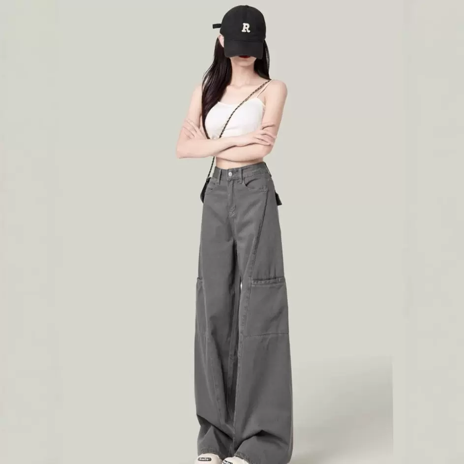 水泥灰美式阔腿工装裤女2025新款小个子直筒牛仔裤子显瘦休闲直筒