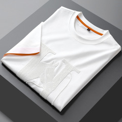 【戦馬中空刺繍H文字】2025春夏半袖男性モデル無痕袖縁丸襟百合カジュアルtシャツ男性