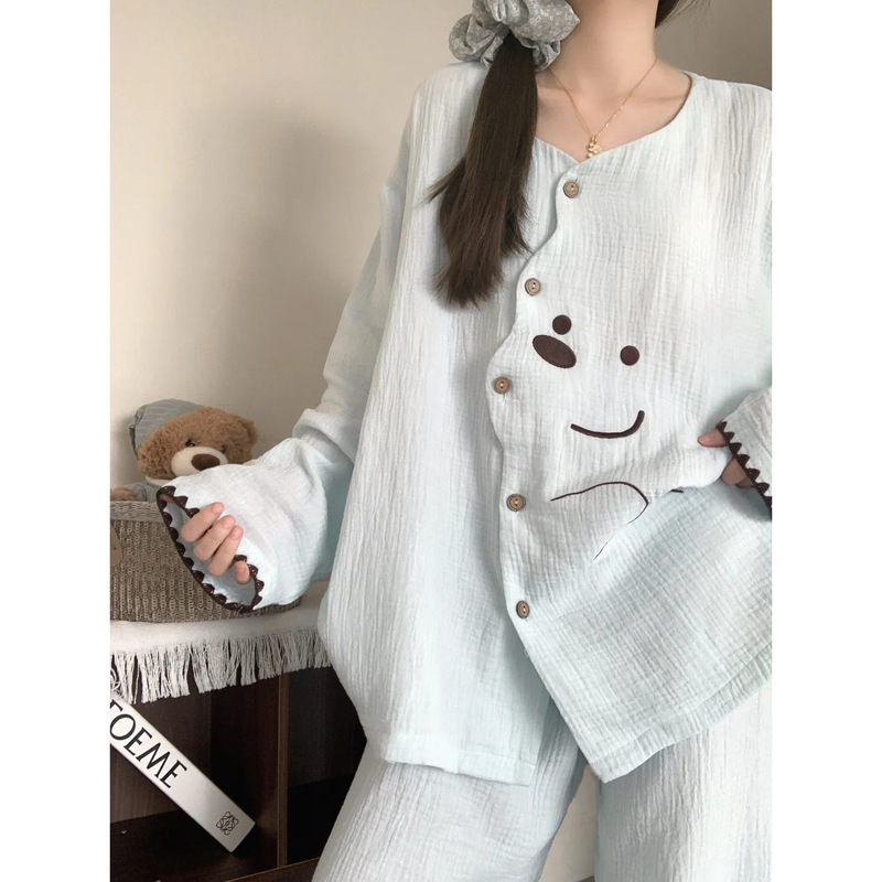 Cloud Cotton Pajamas for Women, Spring and Autumn, Cute Cartoon Embroidered Long-Sleeve Set, Home Wear, Can Be Worn Outdoors, Cross-Border Wholesale