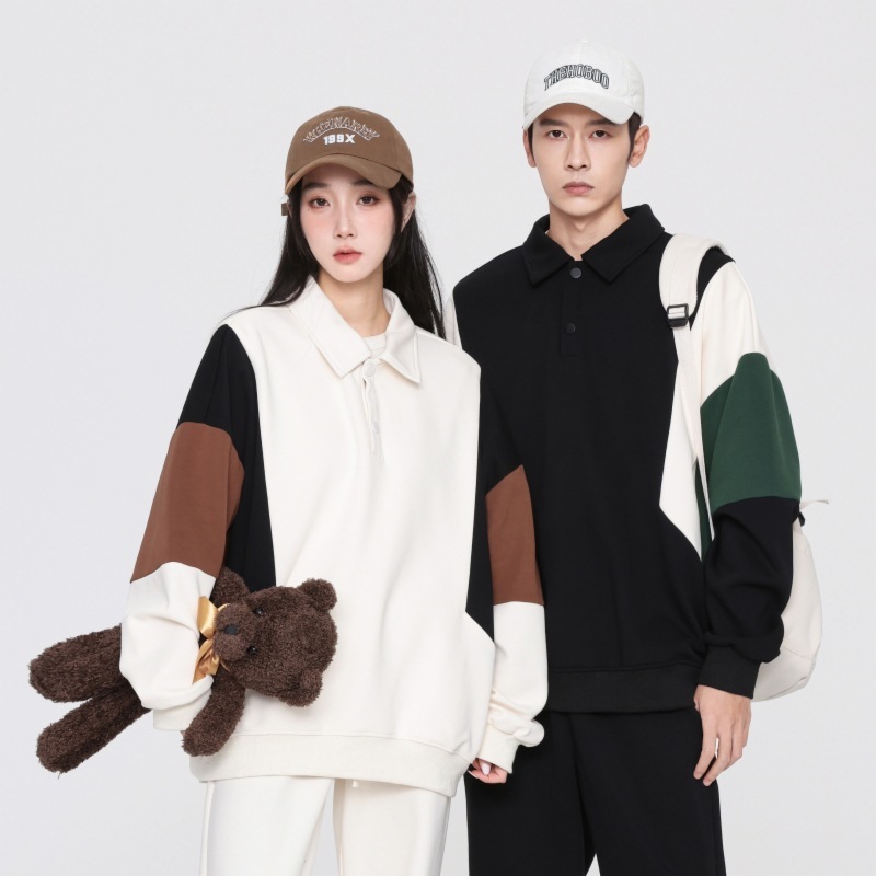 Spring and autumn Polo shirt sweatshirt for men and women, versatile trendy brand, thickened, color-blocked, long-sleeved T-shirt, couple's jacket