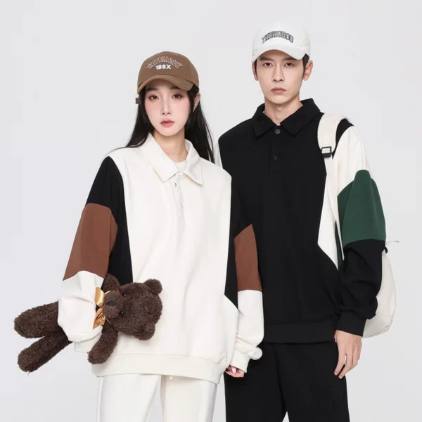 Spring and autumn Polo shirt sweatshirt for men and women, versatile trendy brand, thickened, color-blocked, long-sleeved T-shirt, couple's jacket