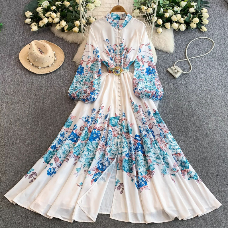 欧美洋气复古立领灯笼长袖单排扣印花连衣裙女收腰绑带长款礼服裙