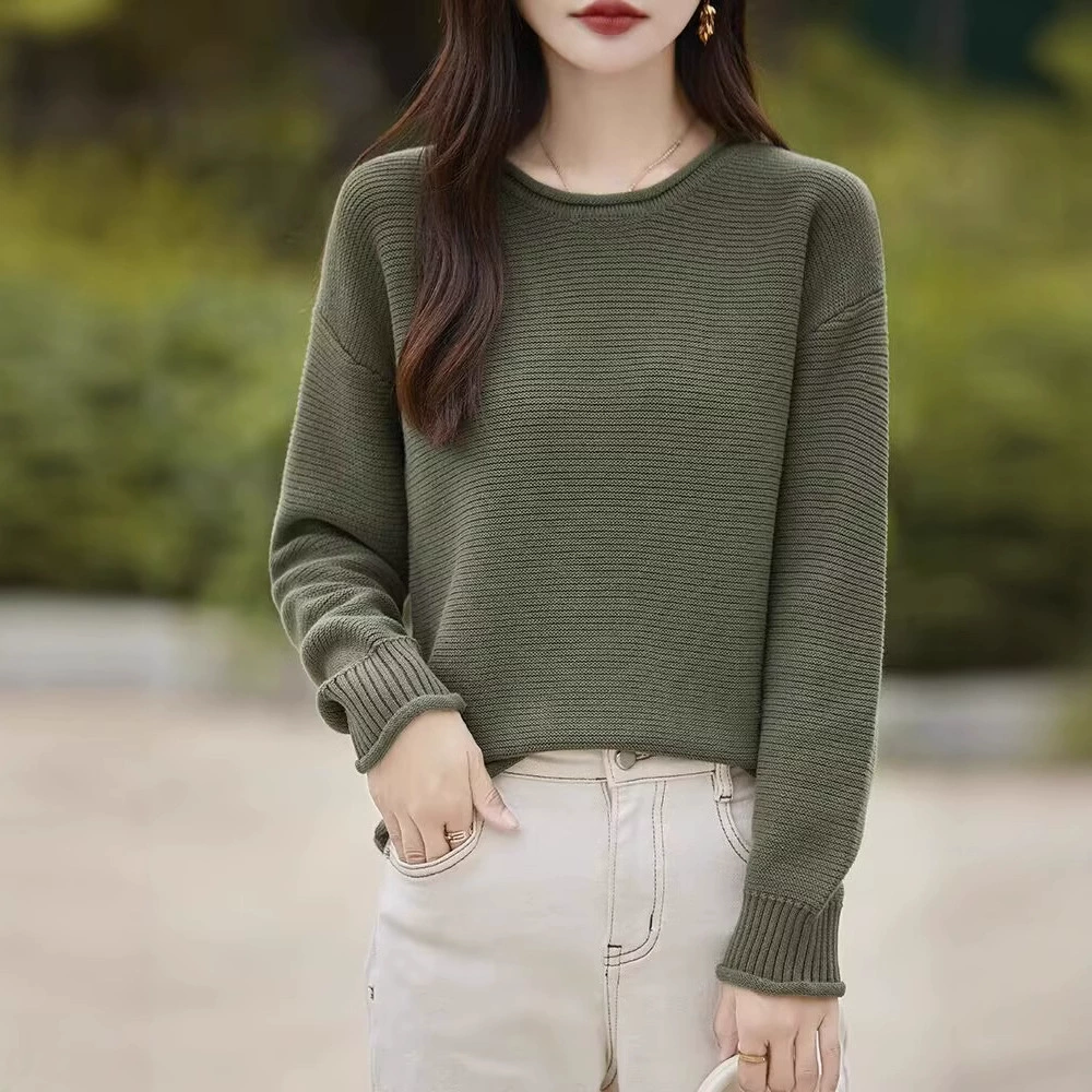 Семиигольный толстый хлопчатобумажный свитер женский осенний и зимний свитер с круглым вырезом свободный свитер сплошной цвет с длинными рукавами на плечах