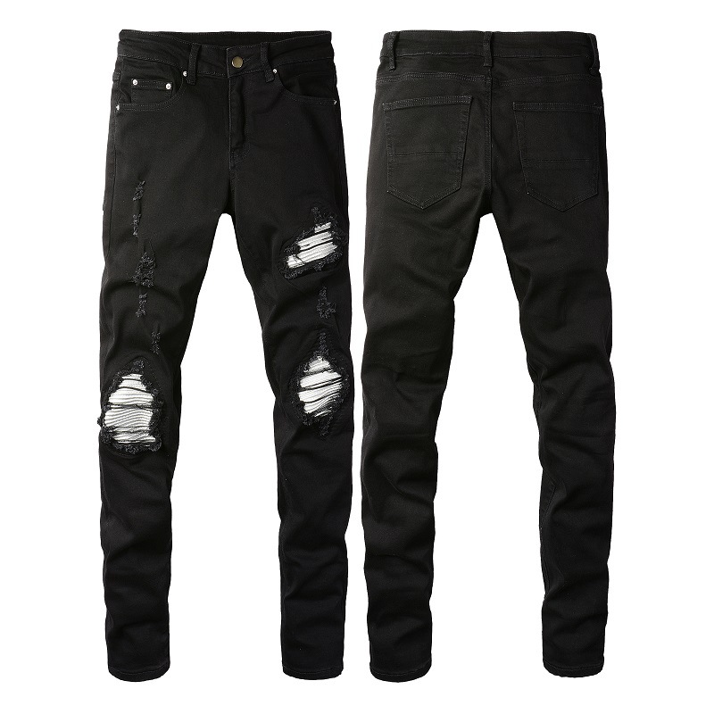Trendy High Street Men's Slim-Fit American-Style Ripped Silver Patch Men's Jeans European and American Style Men's Skinny Pants
