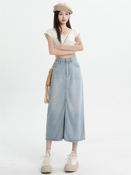 Blue summer thin long denim skirt