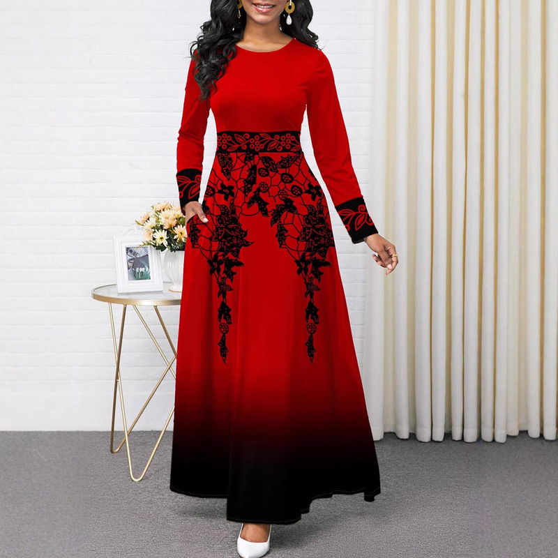 European and American large size Amazon wish AliExpress eBay round neck high waist gradient stitching large swing dress