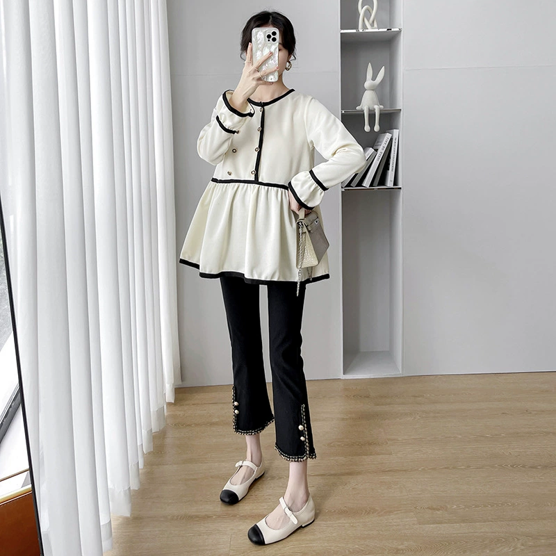 Костюм для беременных, Осенний модный элегантный Свободный Топ с круглым вырезом, повседневные брюки из рога живота с разрезом, осенний комплект из двух предметов