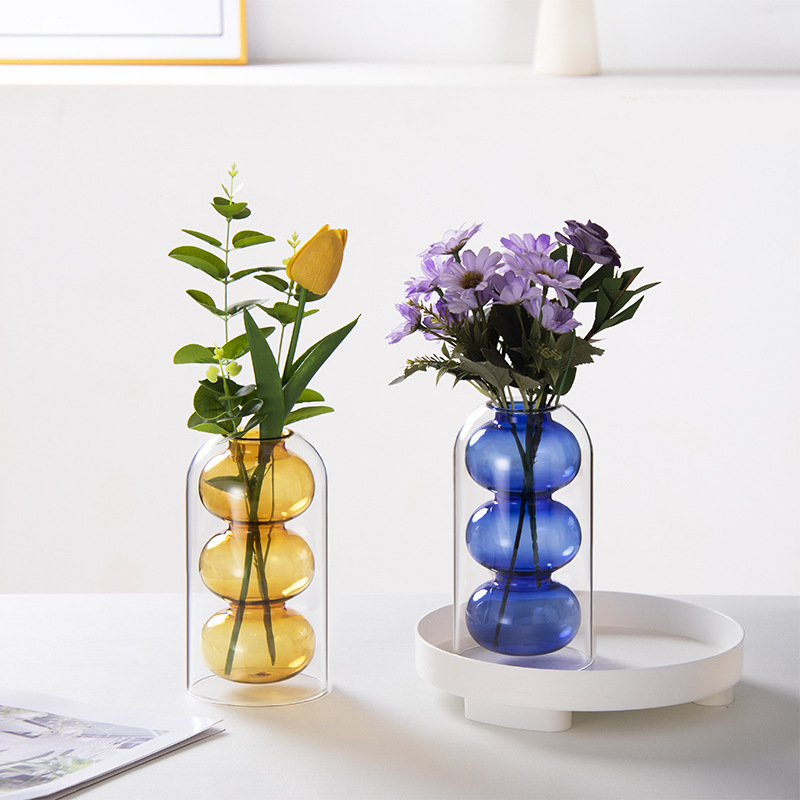 Nórdico creativo vidrio de color pequeño jarrón ins estilo decoración simple sala de estar arreglo floral flor seca agua transparente nutritiva boca fina