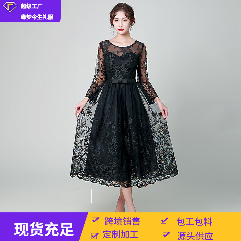 Black Dress for Women Overseas Warehouse Ebay Long-Sleeved 2026 New Style Elegant Petite Party Slimming Evening Dress
