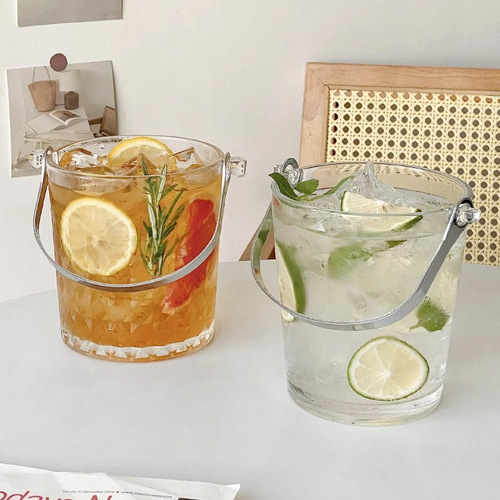 Creative carved glass portable ice bucket drink bucket ice clip thickened large capacity ins transparent fruit tea bucket container