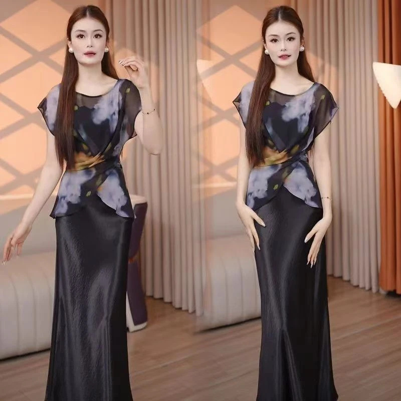 Summer New Style Printed Cross-Tie Shirt T-Shirt for Women, Thin Semi-Transparent Mesh Swallowtail Short-Sleeve Top for Women Wholesale