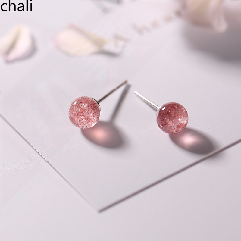 정통 S  딸기 크리스탈 핑크 크리스탈 간단한 신선한 복숭아 꽃 여성 실버 귀걸이 학생 여성용 귀걸이