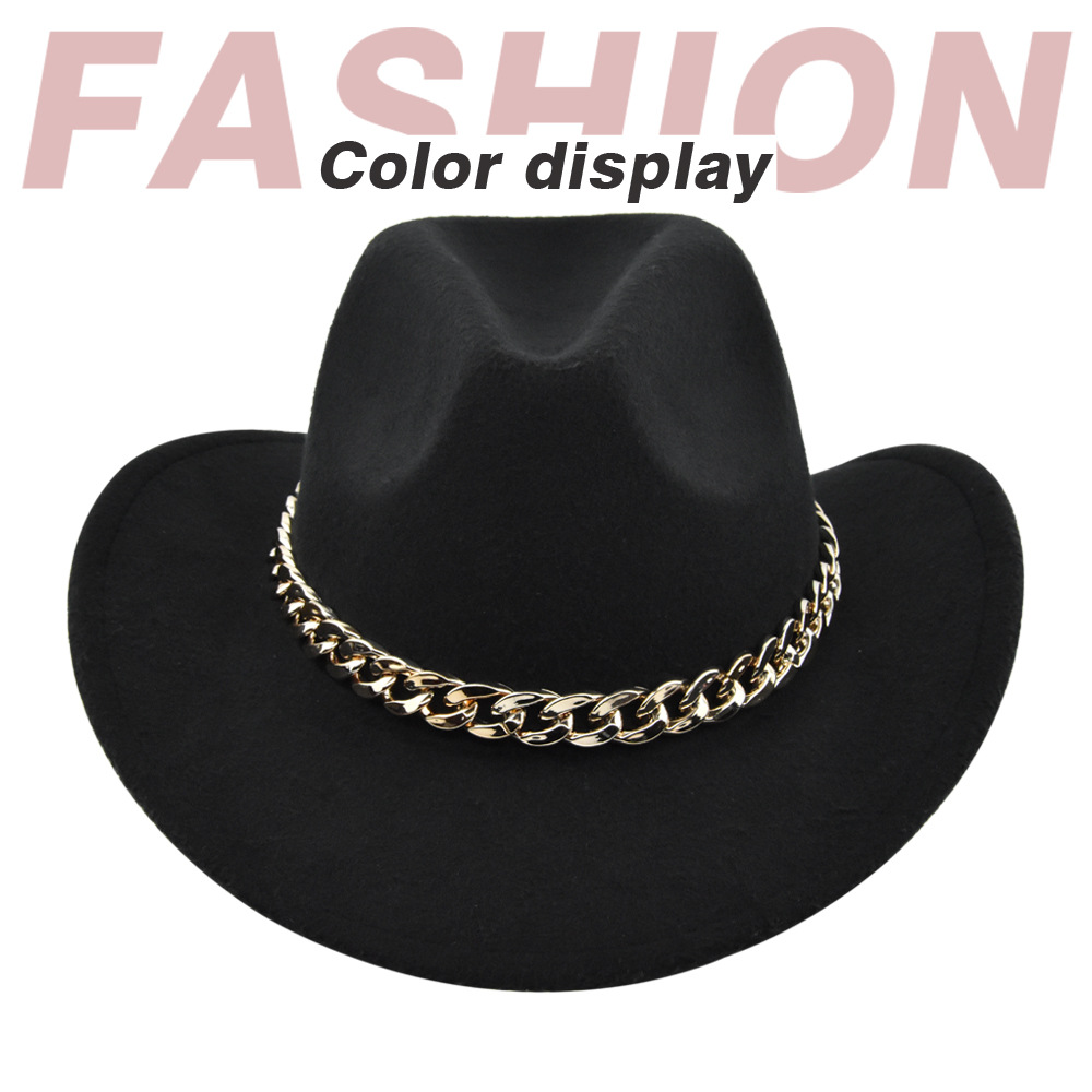 Cowboy jazz gold-plated chain woolen top felt sheep hat, cowboy hat_voghion.com