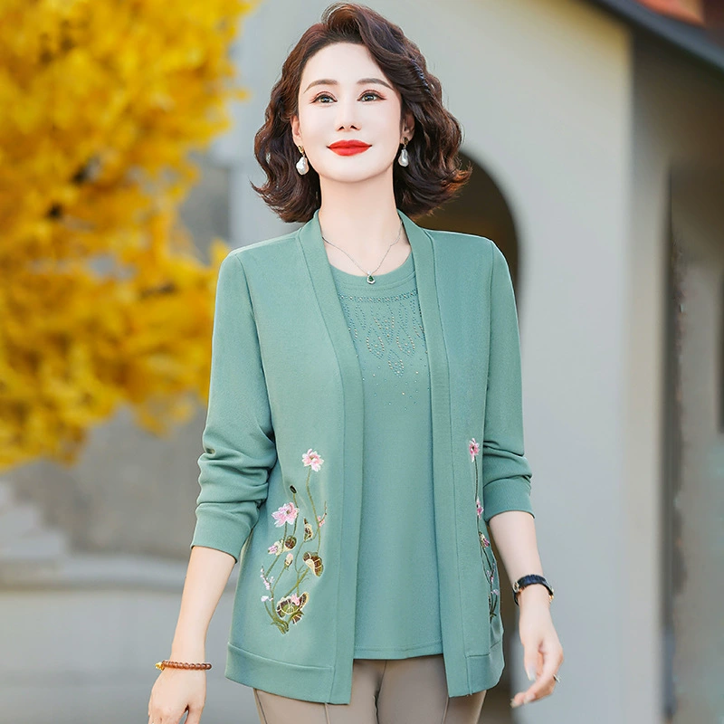 Весенний тонкий костюм мамы из двух частей 2025 женский свободный свитер с вышивкой дикий пиджак