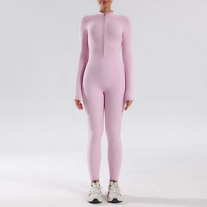 Ropa de yoga de una pieza de manga larga delgada con cremallera desnuda de una pieza con cuello alto