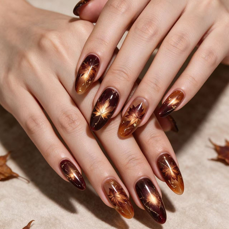 Thanksgiving medium-long almond-shaped autumn brown gradient amber cat-eye maple leaf design press-on nails Thanksgiving medium-long almond-shaped autumn brown gradient amber cat-eye maple leaf design press-on nails