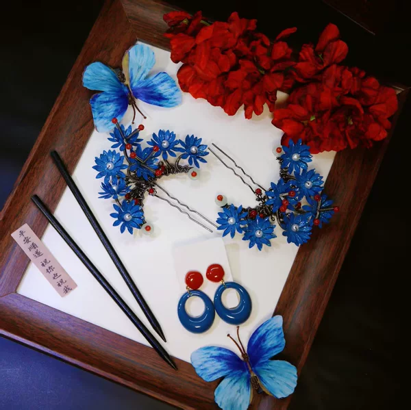 New Chinese-Style Qin Blue Floral Hairpin, Butterfly Xiuhe Dress, Morning Robe, Hair Accessory, Cheongsam Styling Set