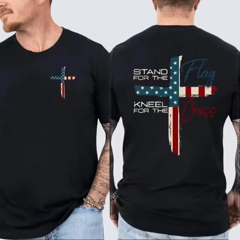 Cross-Border Pure Cotton Short-Sleeved T-Shirt, Shirt That Represents Pride for Faith, T-Shirt with Cross Design, Patriotic Flag T-Shirt Cross-Border Pure Cotton Short-Sleeved T-Shirt, Shirt That Represents Pride for Faith, T-Shirt with Cross Design, Patriotic Flag T-Shirt