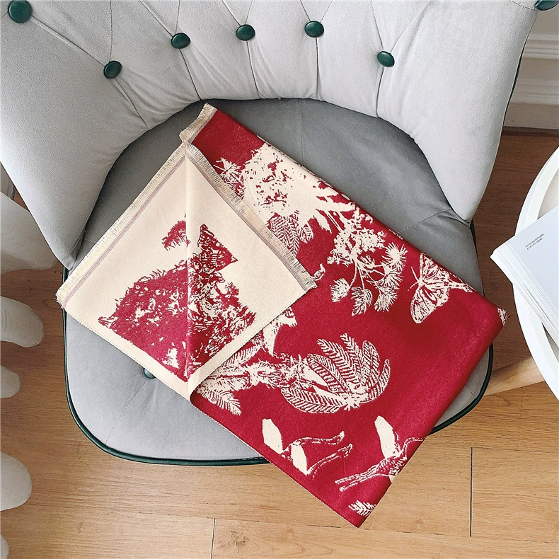 Ethnic cartoon keep warm demi-season scarf, cloak made of faux fur with tassels, ethnic style, print, increased thickness