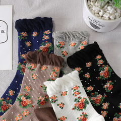Vintage Ethnic Women's Ins Trend Medium Calf Socks Spring Thin Floral Japanese Style Versatile Bunchy Knee-High Socks