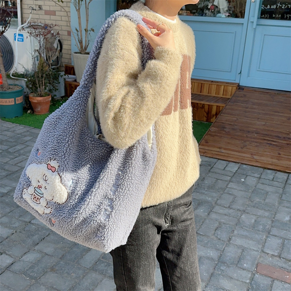312201 Korean version ins Autumn/Winter Collection, fluffy single-shoulder bag, cute female dog embroidered large capacity tote bag undefined