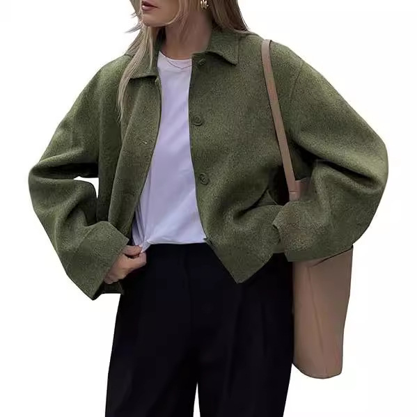 2024 Amazon Cross-border European and American Women's Casual Short Jacket Buckle Long Sleeve Lel Short Pea Coat Jacket