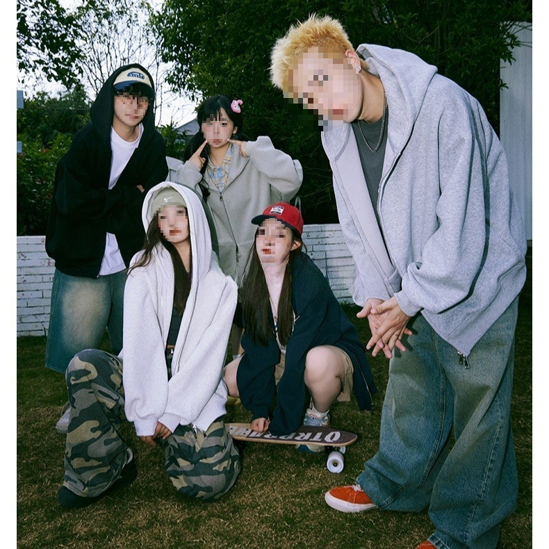 Cross-Border [Flagship Store] American Retro 420g Heavy Pure Color Hooded Sweatshirt Cardigan Couple Spring