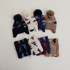 小恐龍冬季兒童毛線帽男女童針織套頭護耳帽絨保暖帽子圍脖2件套