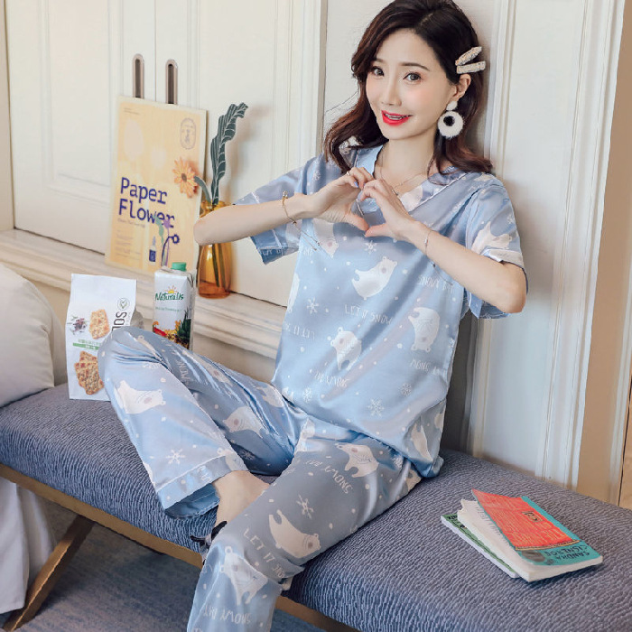 Pijama de seda de hielo para mujeres primavera y otoño corto y largo delgado dulce estilo coreano ropa de seda real dos piezas conjunto