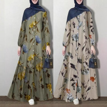 现货跨境穆斯林中东拼接长袍大码女装棉简约长袖碎花长款连衣裙