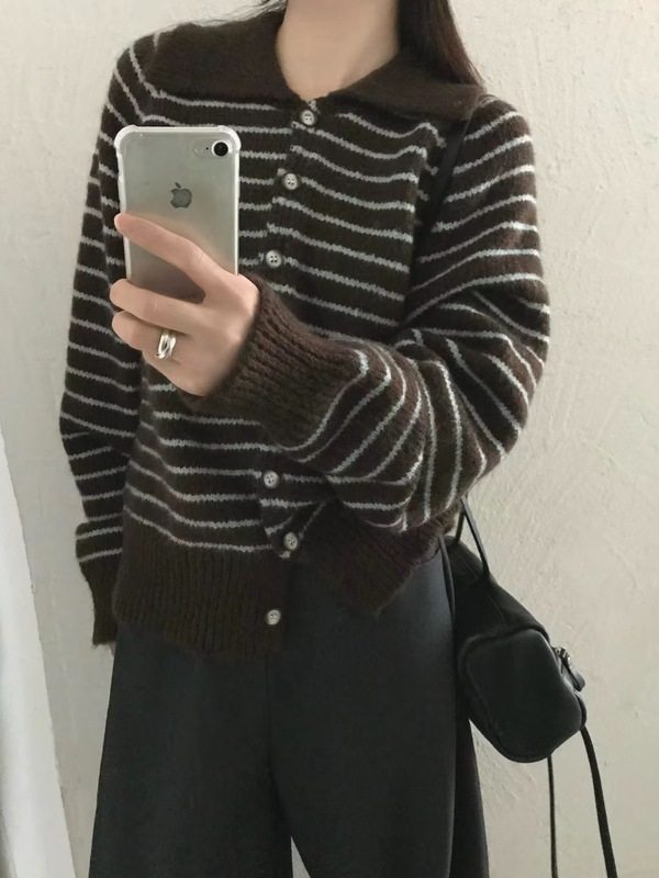 韩系减龄条纹翻领毛衣外套女宽松春秋冬加厚短款软糯针织开衫外穿|undefined