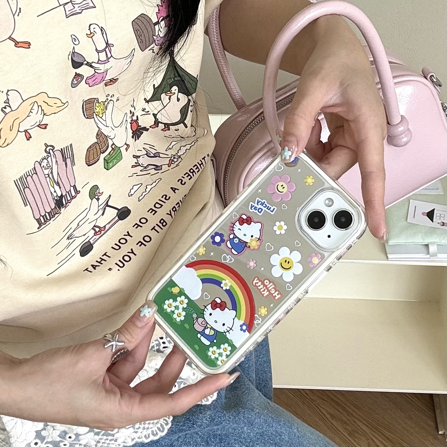 Dibujos animados de nicho Rainbow Cat para Apple 15ProMax funda para teléfono móvil 16Pro Mirror 14/13 Flores 16PM